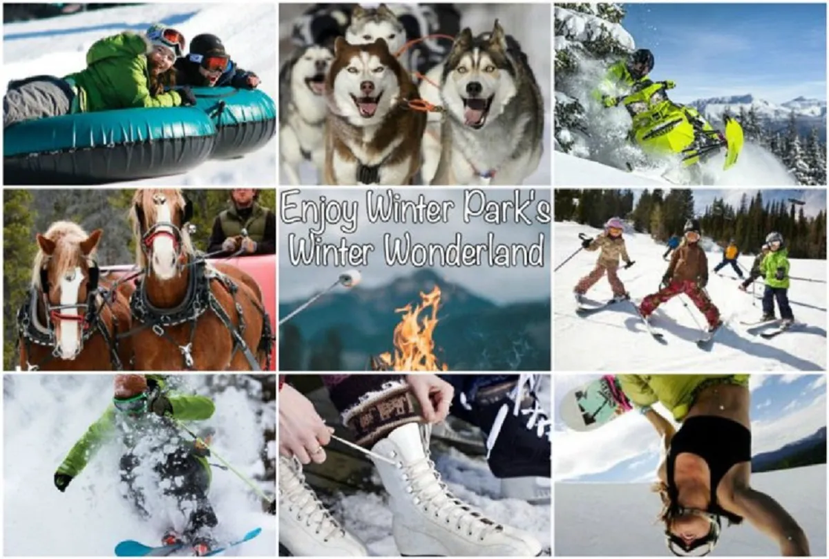 A lively winter scene featuring families and children tubing, huskies for dog sledding, snowmobiles, a horse-drawn sleigh, a campfire, and people skiing and snowboarding. The landscape is blanketed in snow and the image buzzes with joyful activity, capturing the thrill and variety of winter recreation.