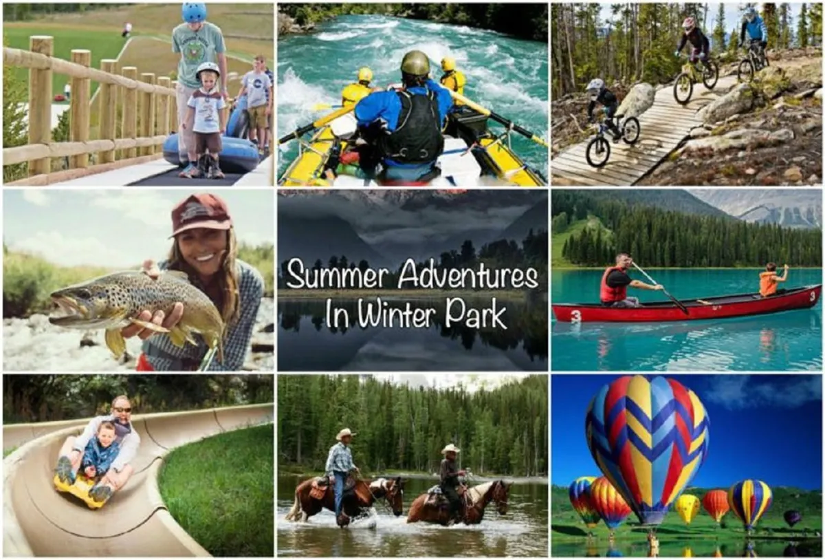 A dynamic exterior scene depicting a family engaging in a variety of outdoor activities: rafting down a lively river, biking along scenic trails, boating on the water, and even a hot air balloon soaring above. The image is vibrant and full of energy, encapsulating the diverse adventures available in both summer and winter.