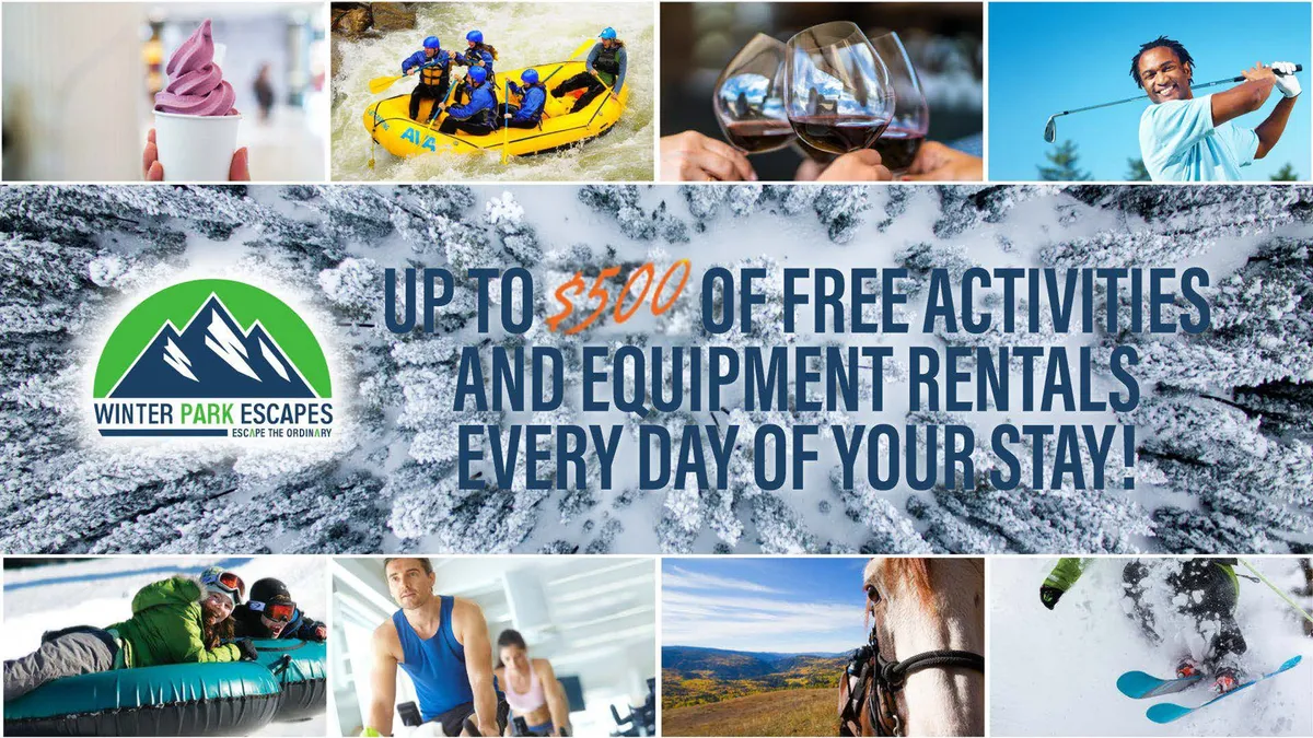 A collage of exciting outdoor activities including white-water rafting, skiing, golfing, horseback riding, enjoying ice cream, and wine tasting. The vibrant imagery encapsulates both summer and winter adventures, with guests engaging in thrilling and relaxing pursuits against beautiful natural backdrops.